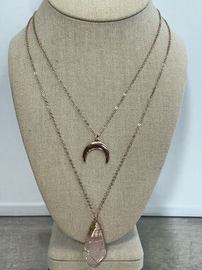 Rose Gold Layered Crescent & Rose Quartz Pendant Necklace - Women Jewelry